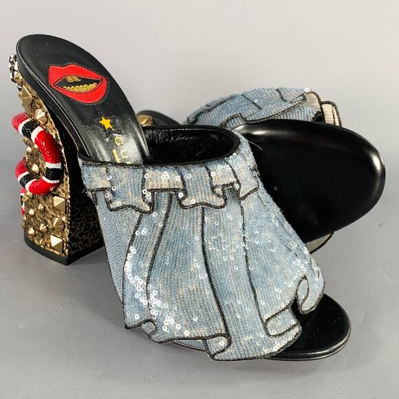 GUCCI Size 8 Trompe L'oeil Blue Red Gold Beaded Mules Sandals - Picture 6 of 10